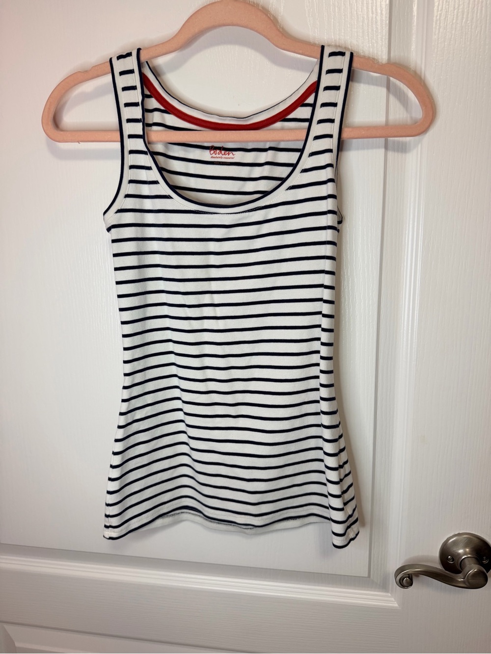 Boden Black & White Striped Scoop Neck Tank with Red Trim